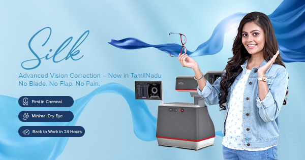 Young woman celebrating freedom from glasses after Silk Vision Correction – First in Chennai with no blade or flap, back to work in 24 hours
